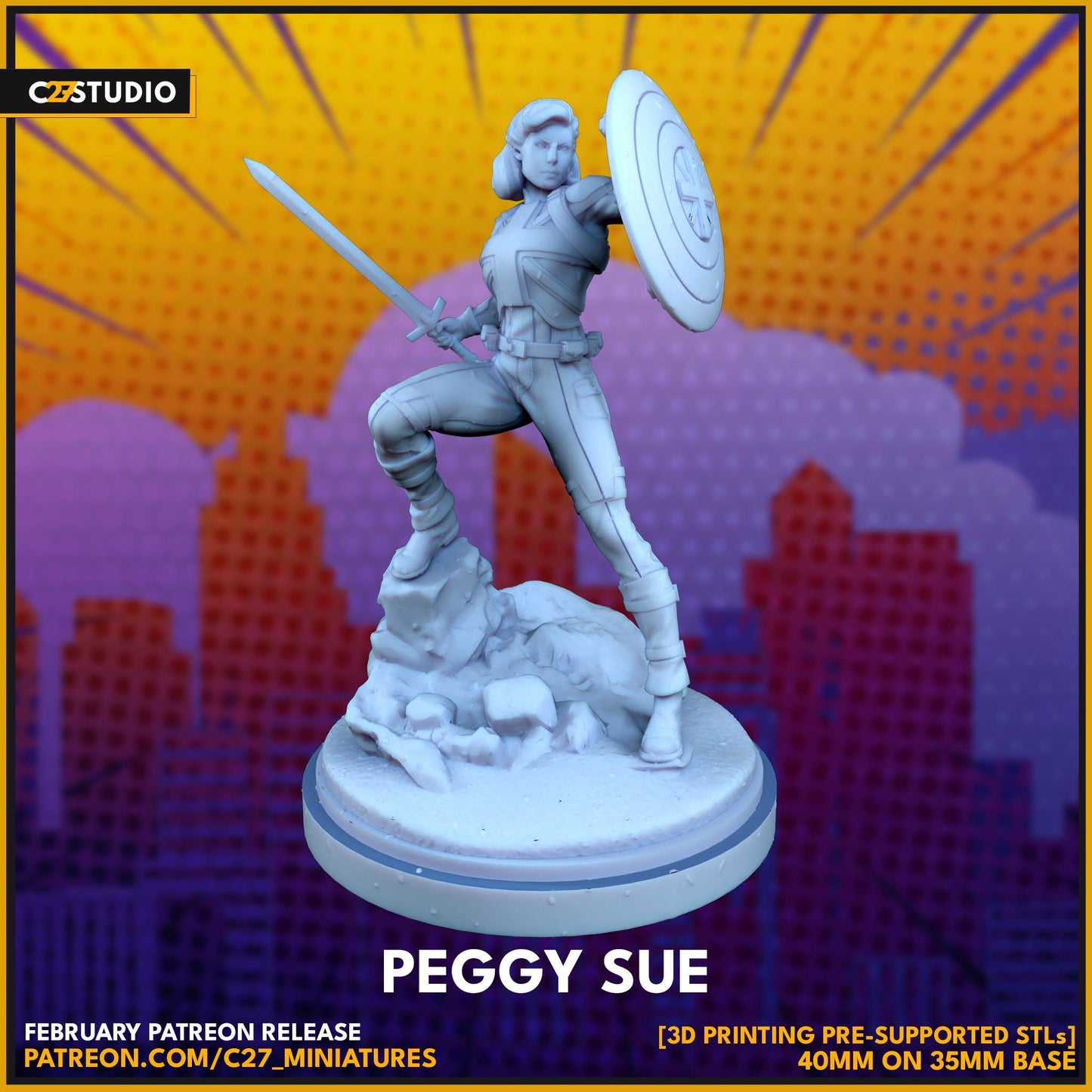 Statue of a character named Peggy Sue with a sword and shield against a colorful cityscape background.