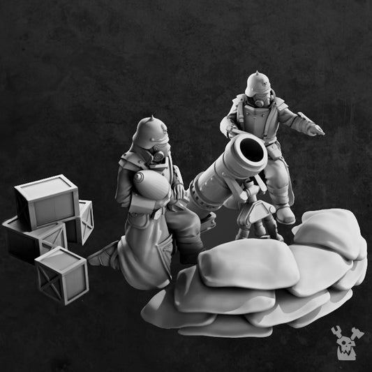 A miniature model of a mortar team with two figures, a gun, and ammunition boxes.